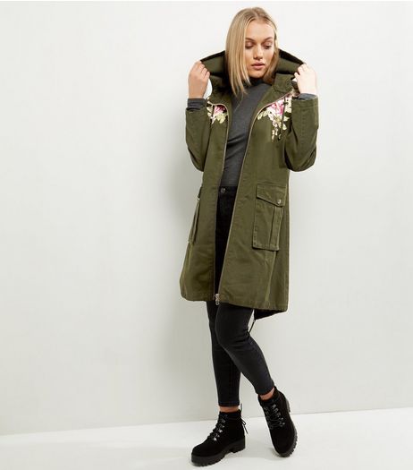 petite-khaki-floral-embroidered-parka