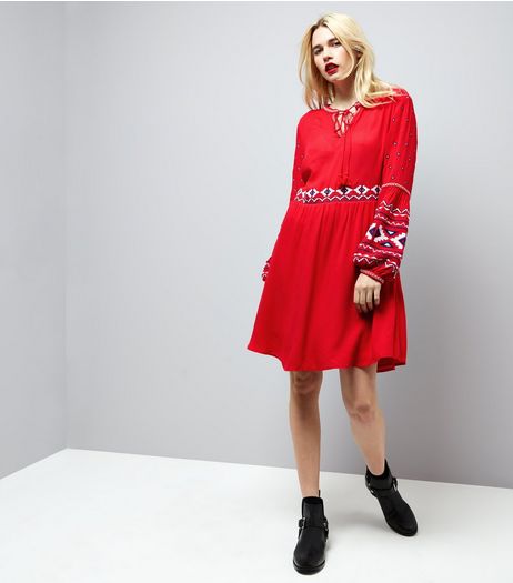 red-embroidered-trim-smock-dress